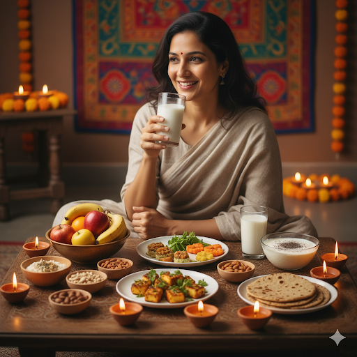Healthy Navratri meal with paneer, milk, nuts, and fruit.