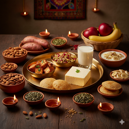 Protein rich Navratri foods Paneer nuts fruits diyas.